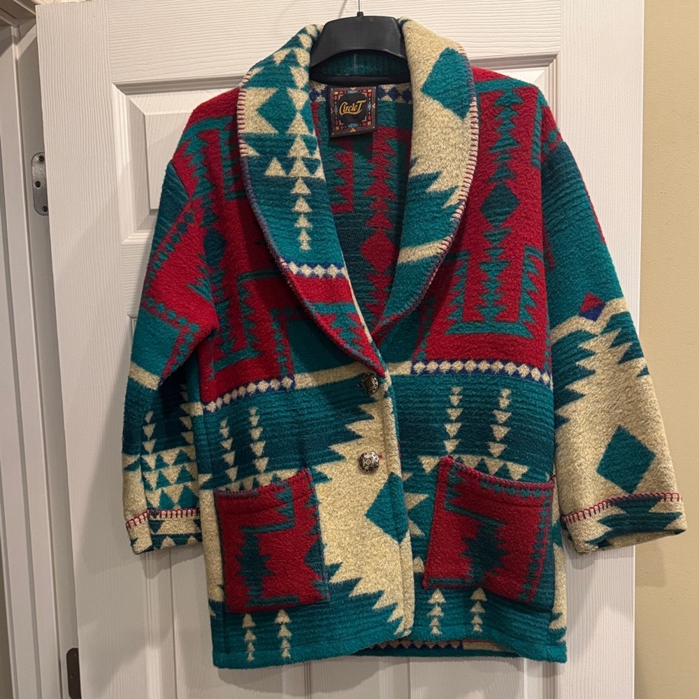 Circle T Red, Teal & Cream Southwestern Wool Blend Shawl Collar Jacket